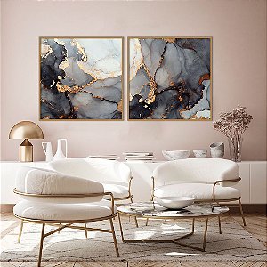 Conjunto com 02 quadros decorativos Abstrato Preto e Dourado