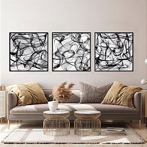 Conjunto com 03 quadros decorativos Formas Abstratas em P&B