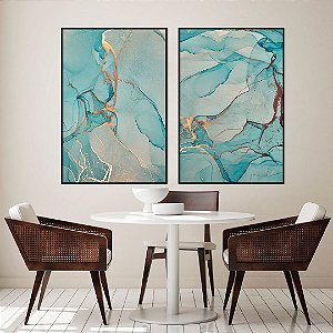 Conjunto com 02 quadros decorativos Abstrato Azul com detalhes Dourado e Cobre