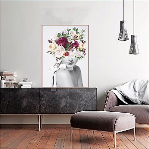 ENVIO IMEDIATO - Quadro Decorativo Mulher Floral Rosa 50x70cm (LxA) Moldura Alumínio Rose Gold