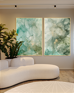 Conjunto com 02 quadros decorativos Abstrato Verde e Dourado