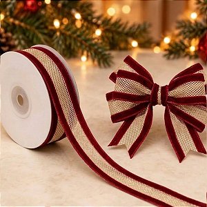 Fita Aramada Telada Marsala e Ouro 6,3cm x 9,14m - 01 unidade - Cromus Natal - Rizzo Embalagens