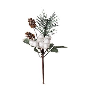 Pick Galho Decorativo - Folhas e Frutas Brancas Nevadas e Pinha - 15cm - 01 unidade - Cromus Natal - Rizzo