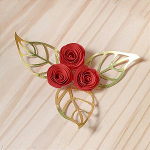 Decoração para Bolo em Papel - Folha e Flor P - Dourado/Vermelho - 03 unidades – MaxiFormas - Rizzo Confeitaria