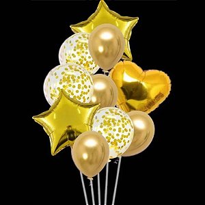 Kit Buque Balões Dourado - Buque com 10 Balões - Partiufesta - Rizzo