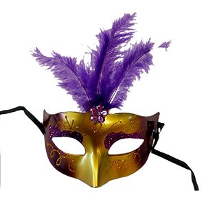 Máscara de Carnaval com Plumas Sortidas Mod 6801 - Roxo/Dourado - 01 unidade - Rizzo