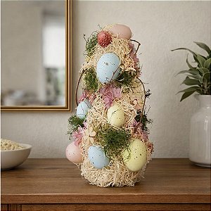 Cone Decorativo de Páscoa Decorado com Ovos Colorido (Rosa, Azul, Amarelo) - 1 unidade - Rizzo