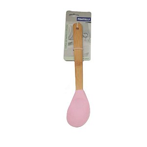 Colher em Silicone com Cabo de Bambu - Rosa - 1 unidade - Fratelli - Rizzo Confeitaria