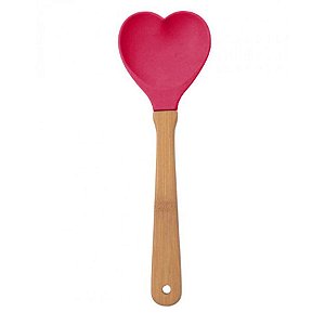 Colher Coração em Silicone 31 cm com Cabo de Madeira - Vermelho Escarlate - 1 unidade - Wellmix - Rizzo