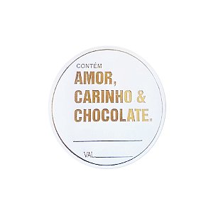 Adesivo "Contém Amor, Carinho e Chocolate" - Ref.2001 - Hot Stamping - Dourado - 50 unidades - Stickr - Rizzo