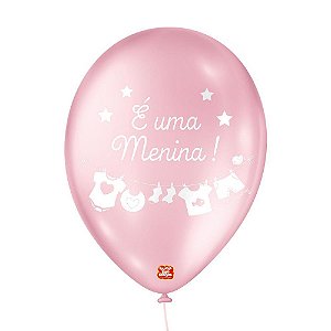 Balão de Festa Decorado É uma Menina - Rosa Perolado e Branco 5" - 15 Unidades - Balões São Roque - Rizzo