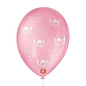 Balão de Festa Látex Decorado - Asinha de Anjo - Rosa Tutti Frutti e Branco 9" 23cm - 25 Unidades - Balões São Roque - R