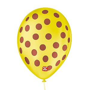 Balão de Festa Decorado Poá Bolinha - Amarelo e Marrom 9" 23cm - 25 Unidades - Balões São Roque - Rizzo