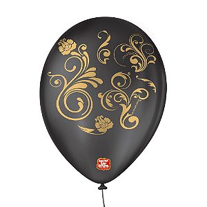 Balão de Festa Decorado Arabesco - Preto e Dourado - Balões São Roque - Rizzo