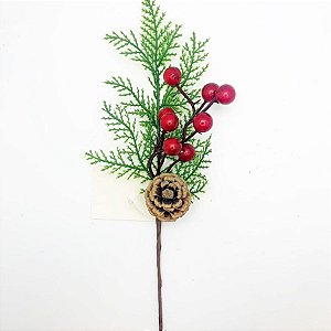 Pick Decorativo de Natal - Galho de Frutas e Pinha Verde e Vermelho - 28cm  - 1 unidade - Cromus - Rizzo