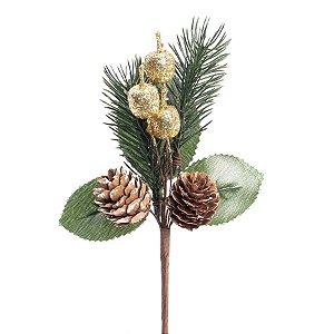 Pick Decorativo de Natal - Galho de Pinhas e Frutas Verde e Ouro - 19cm  - 1 unidade - Cromus - Rizzo