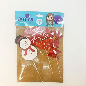 Kit Topo de Bolo Boneco de Neve Vermelho "Feliz Natal" - 18cm - 4 unidades - Amora - Rizzo Confeitaria