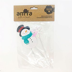 Kit Topo de Bolo Boneco de Neve e Floco de Neve - 14cm  - 3 unidades - Amora - Rizzo Confeitaria