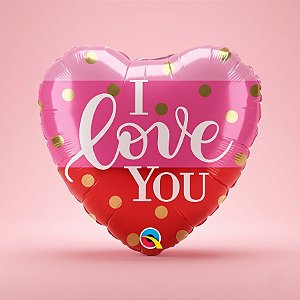 Balão de Festa Microfoil 18" 46cm - Coração I Love You Bolinhas Douradas - 1 unidade - Qualatex - Rizzo