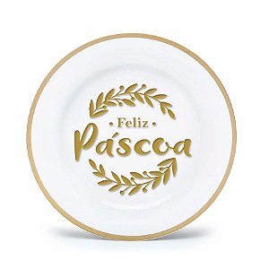 Sousplat Branco c/ Borda Dourada Feliz Páscoa - 33 cm - 1 unidade - Rizzo