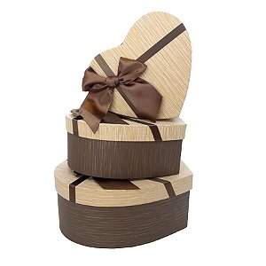 Kit Caixa Papel Rígido Coração Marrom/Beje com Laço Marrom - 3 unidades - Rizzo