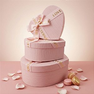 Kit Caixa Papel Rígido Coração Rosa com Laço - 3 unidades - Rizzo