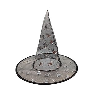 Chapéu de Bruxa Transparente Preto - Aranha Prata - Halloween - 1 unidade - Rizzo