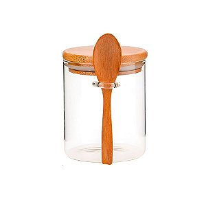 Pote de Vidro com Tampa de Bambu com Colher 11x8cm - 480ml - 1 unidade - Rizzo