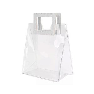 Sacola Transparente PVC com Alça Quadrada de Couro Branca - 18x20x10 - 1 unidade - Rizzo