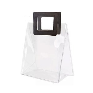 Sacola Transparente PVC com Alça Quadrada de Couro Preta - 18x20x10 - 1 unidade - Rizzo