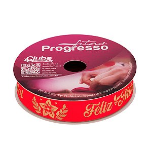 Fita de Cetim 10m x 15mm - Cor 490 - Vermelha com Frase Feliz Natal - Rolo 10 metros - 1 unidade - Progresso - Rizzo