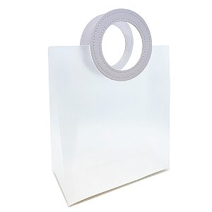 Sacola Transparente Fosca PVC com Alça Redonda de Couro Branca - 26,5x23x11cm - 1 unidade - Artlille - Rizzo
