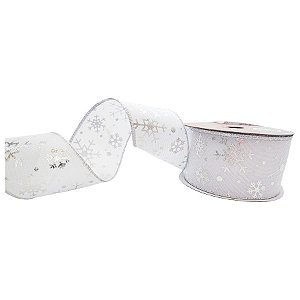 Fita Decorativa de Natal - Branca com Flocos de Neve Prata - 6,3x914cm - 1 unidade - Rizzo