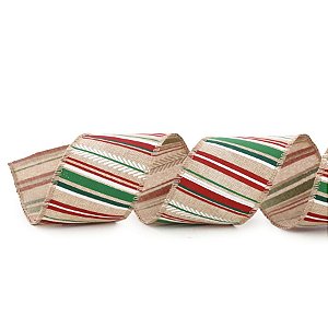 Fita Decorativa Aramada - Listras Vermelho, Branco e Verde - 6,3cm x 9,14m - 1 unidade - Cromus - Rizzo