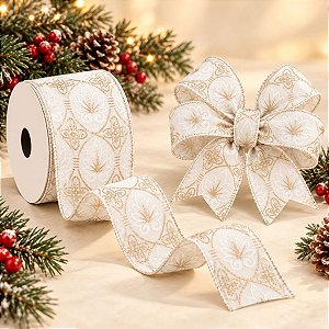 Fita Decorativa Aramada - Estampada branco e Ouro - 6,3cm x 9,14m - 1 unidade - Cromus - Rizzo