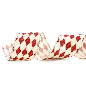 Fita Decorativa Aramada - Losango Algodão Cru, Vermelho e Ouro - 6,3cm x 9,14m - 1 unidade - Cromus - Rizzo