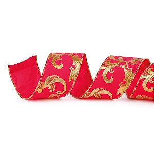 Fita Decorativa Aramada - Arabesco Vermelho e Ouro - 6,3x914cm   - 1 unidade - Cromus - Rizzo