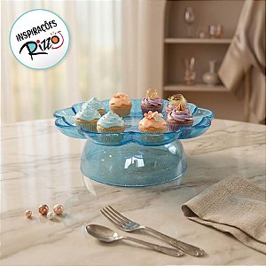 Bandeja Flower Com Pé - 205mm - Azul Bebê Com Glitter - 1 unidade - Só Boleiras - Rizzo