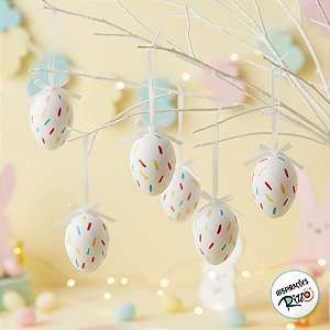 Ovinhos de Páscoa Decorativos para Pendurar - Branco Com Respingos Coloridos - 4cm - 9 unidades - Cromus - Rizzo