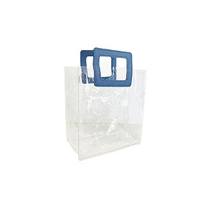 Sacola Transparente PVC com Alça Quadrada de Couro Azul - 15x15x10cm - 1 unidade - Rizzo