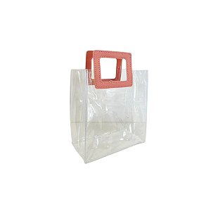Sacola Transparente PVC com Alça Quadrada de Couro Rosa - 15x15x10cm - 1 unidade - Rizzo