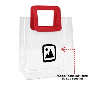Sacola PVC com Alça Quadrada de Couro Vermelho com Logo Preto - 15x15x10cm - 1 unidade - Rizzo