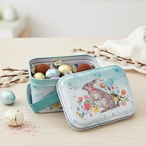 Lata de Metal Retangular com Alça de Páscoa - Coelho com Flores - 10,5x7,8x6,4cm - 1 unidade - Rizzo