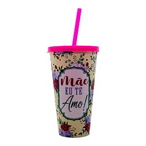 Copo com Tampa e Canudo Amarelo - Mãe Eu Te Amo - 600ml - 1 unidade - Rizzo