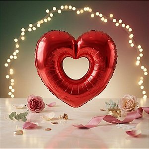 Balão de Festa Metalizado 36" 91cm - Coração Aberto - Vermelho - 1 unidade - Rizzo