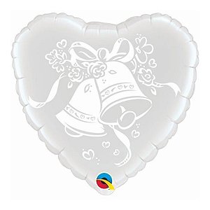 Balão de Festa Microfoil 18" 45cm - Coração Sinos de Bodas Prata - 1 unidade - Qualatex Outlet - Rizzo