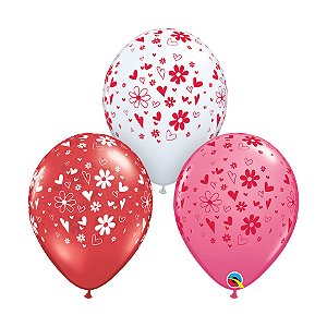 Balão de Festa Látex Liso Decorado - Corações e Margaridas Sortido - 11" 27cm - 50 unidades - Qualatex Outlet - Rizzo