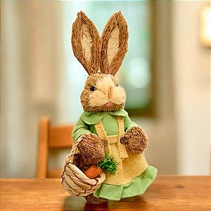 Decoração de Páscoa Coelha de Palha Vestido Verde e Cesto - 34cm - 1 unidade - Rizzo