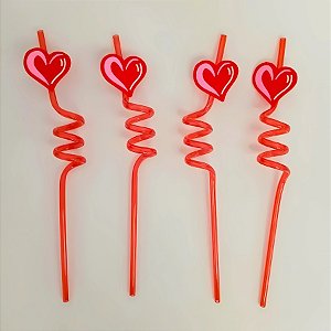Canudo Espiral Rigido Vermelho - Coração - 27cm - 4 unidades - Rizzo