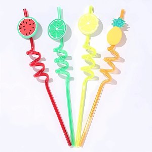 Canudo Espiral Rigido Colorido - Frutas - 27cm - 4 unidades - Rizzo